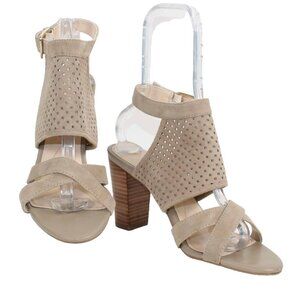 Isola Sz 9.5 Tan High Heel Slingback Strappy Perforated Suede Sandal
